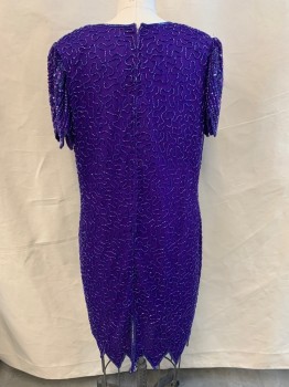 LAWRENCE KARAN, Purple, Iridescent Blue, Silk, Beaded, Abstract , Short Sleeves, Round Neck,  Back Zipper, Shoulder Pads, Novelty Cut and Beaded Edges on Sleeves and Hem