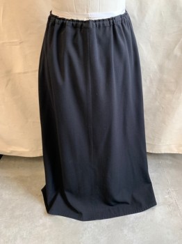 Womens, Skirt 1890s-1910s, NL, Black, Wool, Solid, H: 52, W32-34, Drawstring, Faux Buttons Down Center Front, Pleated at Front Waist, Spit Hem at Center Front, Floor Length Hem