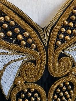 Womens, Evening Gown, KUSHI-KUSHI, Black, Gold, White, Silk, Beaded, Paisley/Swirls, Abstract , B:32, S, Chiffon Densely Covered in Beads, Sequins & Gold Studs in Paisley, Leaves and Abstract Swirled Formations, Long Sleeves, Queen Anne Neckline, Padded Shoulders, Ankle Length,