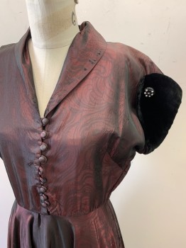 Womens, Cocktail Dress, NL, Wine Red, Dk Gray, Black, Synthetic, Swirl , W26, B36, S/S, Self Button Front, Side Zipper, Roll Collar, Knee Length, Velvet Sleeves with Rhinestone Buttons, **Missing Two Buttons, Rhinestone Missing From Each Button