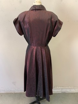 Womens, Cocktail Dress, NL, Wine Red, Dk Gray, Black, Synthetic, Swirl , W26, B36, S/S, Self Button Front, Side Zipper, Roll Collar, Knee Length, Velvet Sleeves with Rhinestone Buttons, **Missing Two Buttons, Rhinestone Missing From Each Button