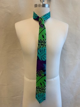 OPPO SUITS, Multi-color, Navy Blue, Lime Green, Turquoise Blue, Purple, Polyester, Tropical , Bright Tropical Pattern - Navy with Lime, Turquoise, Purple, Aqua, Green Tropical Palm Fronds, Skinny Tie