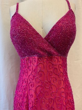 Womens, Evening Gown, CACHE, Hot Pink, Silk, XS, V-neck, Spaghetti Straps, All Over Beading, Orange Lining, Slit on Each Side, Zip Back, Sheath, Floor Length