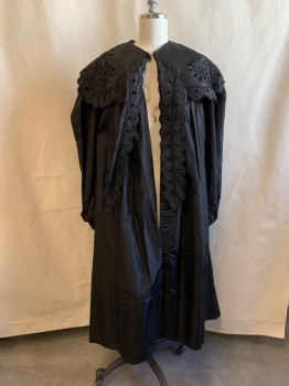 Womens, Coat 1890s-1910s, MTO, Black, Silk, Synthetic, Solid, B38, Taffeta, Puritan Collar, Scallop Trim with Cut-work, L/S, Folded Cuffs, Long Tabs/Ties By Collar, Hook & Eye Closure at Neck, New Replacement Lining, Collar Mended with Iron on Fusible, Silk Collar Fragile