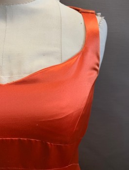KAY UNGER, Orange, Silk, Solid, Sleeveless, V-neck, Zip Back, Pleated Skirt, Long