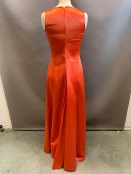 KAY UNGER, Orange, Silk, Solid, Sleeveless, V-neck, Zip Back, Pleated Skirt, Long