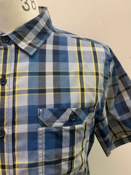ECKO UNLTD., Gray, Navy Blue, Yellow, Dk Blue, Cotton, Polyester, Plaid, Collar Attached, Button Front, Short Sleeves, 1 Pocket