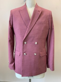 TOPMAN, Mauve Pink, Polyester, Viscose, Heathered, L/S, 4 Buttons, Double Breasted, Peaked Lapel, 3 Pockets,
