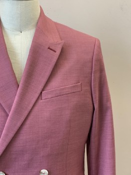 TOPMAN, Mauve Pink, Polyester, Viscose, Heathered, L/S, 4 Buttons, Double Breasted, Peaked Lapel, 3 Pockets,