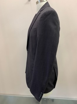 CALVIN KLEIN, Charcoal Gray, Black, Lt Gray, Wool, Grid , Single Breasted, 2 Buttons,  3 Pockets, Wide Broken Vertical Stripes, Broken Line Grid, Double Vent
