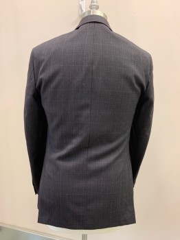 CALVIN KLEIN, Charcoal Gray, Black, Lt Gray, Wool, Grid , Single Breasted, 2 Buttons,  3 Pockets, Wide Broken Vertical Stripes, Broken Line Grid, Double Vent