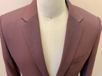 N/L, Plum Purple, Wool, Polyester, Solid, 2 Buttons, Notched Lapel, 3 Pockets,