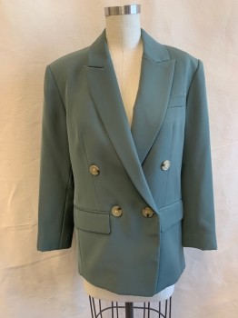 VINCE, Sage Green, Polyester, Solid, Double Breasted, 4 Buttons, Peaked Lapel, 3 Pockets, 3 Button Cuffs, 1 Back Vent
