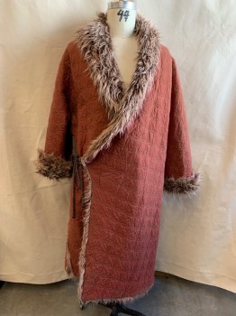 Mens, Historical Fiction Robe, MTO, Rust Orange, Lt Brown, Lt Beige, Cotton, Faux Fur, Solid, Circles, 44, Shawl Lapel, Long Sleeves, Faux Fur Collar and Collar