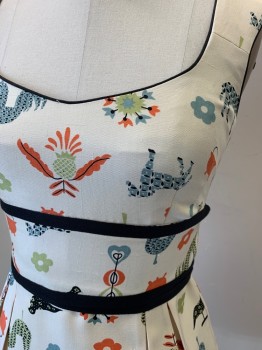 NANETTE LEPONE, Ivory White, Multi-color, Silk, Novelty Pattern, Slvls, Round Neck, Peplum, Zip Back, Bias Tape Waistband and Tie