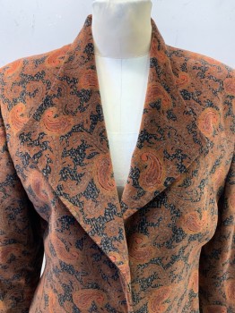 TRAFFIC, Brown, Black, Burnt Orange, Cotton, Rayon, Paisley/Swirls, Spots , Velvet, Padded Shoulders, Pointed Lapel, Single Breasted, Button Front, 3 Buttons, 1 Faux Pocket, 1 Pocket
