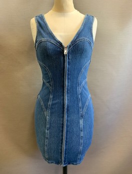 GUESS, Denim Blue, Cotton, Polyester, Solid, Stretchy Denim, Exposed Zipper at Front, V-neck, 1.5" Wide Straps, Mini Dress, Fitted/Clingy, Tan Top Stitching, Curved Seams Along Sides