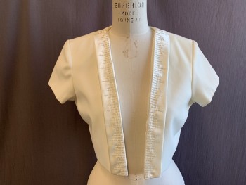 JR NITES, Eggshell White, Polyester, Solid, Evening, Cropped Jacket, Open Front, Satin Square Lapel with Clear Stripe Beading, Short Sleeves,