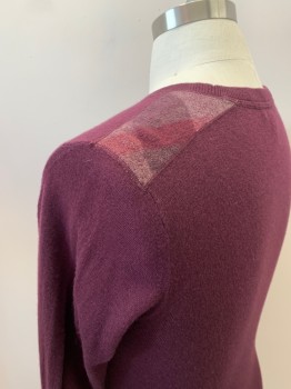 BURBERRY, Plum Purple, Cashmere, Cotton, CN, L/S, Plaid Pattern On Shoulders