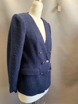 CALVIN KLEIN, Navy Blue, Polyester, Cotton, Solid, Double Breasted, 2 Pocket Flap, No Collar, Boucle Knit