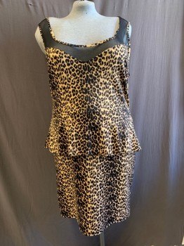 CHELSEY, Tan Brown, Brown, Polyester, Spandex, Animal Print, Scoop Neck, Back Zipper, Black Netted Insets, Peplum Waist