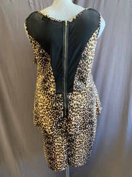 CHELSEY, Tan Brown, Brown, Polyester, Spandex, Animal Print, Scoop Neck, Back Zipper, Black Netted Insets, Peplum Waist
