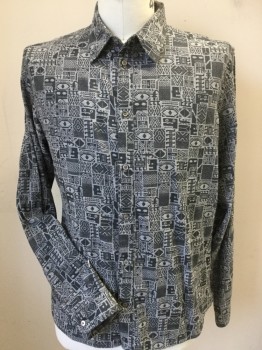 PAUL SMITH, Black, Gray, Black, Cotton, Graphic, Geometric, Black/gray Geometric/graphic Print, Collar Attached, Button Front, Long Sleeves,
