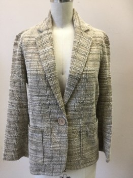 MAX STUDIO, Lt Brown, White, Navy Blue, Polyester, Cotton, Tweed, Plaid-  Windowpane, Single Breasted, C.A., Notched Lapel, 1 Bttn, 2 Pckts, L/S,