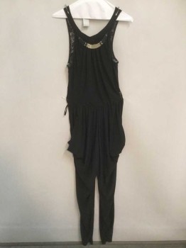 Womens, Jumpsuit, CAT D, Black, Gold, Polyester, Spandex, Solid, M, Sleeveless, Sheer Lace Back Of Torso, Gold Metal and Pleather Detail At Neck, Gathered Waist, Harem Style Pant Leg with Hip Pockets