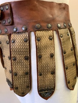M.T.O., Brown, Lt Brown, Leather, Metallic/Metal, Roman Military Skirt, Adjustable Waist, Faux Braided Lt Brown Panels Over Brown Leather, Metal Rivets and Back Buckle