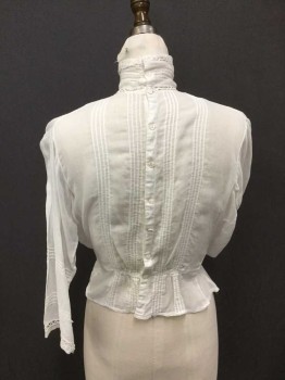 MTO, White, Cotton, Solid, Back Button, Front Lace/Embroidery/Fagotting, Pintucked Shoulders, Band Collar with Pintucks/Crochet Lace, Gathered At Front Waist, 3/4 Sleeve with Pintucking and Crochet Lace, Lace Hem,