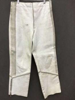 MTO, Eggshell White, Lt Gray, Leather, Suede, Color Blocking, Ribbed Suede Stripes At Outseam, Zipper Fly, Straight Leg, Suede Trim, Zippers At Hem  *Has Topstick Residue & Some Stains