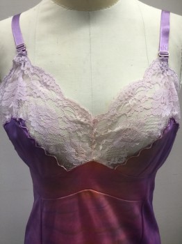 Womens, Negligee, COME TO MAMA, Purple, Pink, Yellow, Nylon, Polyester, Tie-dye, Floral, Medium, Floral Lace Bodice and Hem, Tie-dye Body, Spaghetti Straps,