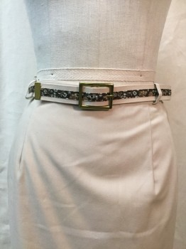 NO LABEL, Beige, Cotton, Synthetic, Solid, Pencil Skirt, Knee Length, 1960's**2 Piece with Matching Belt, Beige With Dark Brown/ Brown/ White Floral Print Trim with Gold Hardware