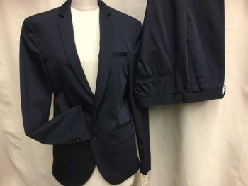 ZARA MAN, Navy Blue, Polyester, Solid, Single Breasted, 2 Buttons,  3 Pockets, Somewhat Stiff Fabric with A Slight Shine, Stitched Edge Detail On Notched Lapel,