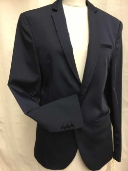 ZARA MAN, Navy Blue, Polyester, Solid, Single Breasted, 2 Buttons,  3 Pockets, Somewhat Stiff Fabric with A Slight Shine, Stitched Edge Detail On Notched Lapel,