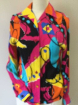 EN ROUTE, Pink, Orange, Yellow, Purple, Black, Rayon, Polyester, Abstract , Black Sequins Roping Detail Work, Collar Attached, Button Front, Side Hem Split, Long Sleeves,