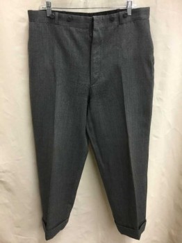 NO LABEL, Heather Gray, Wool, Stripes - Diagonal , Flat Front, Suspender Buttons, Belt Loops, Cuffed Hem, Side Pockets, Back Welt Pockets with Buttons, Back Waistband Seam Splitting