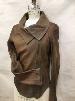N/L, Brown, Leather, Cotton, Solid, Aged/Distressed, Asymmetrical Zip Front, Wide Collar, Rib Knit Inserts, 2 Diagonal Welt Pockets