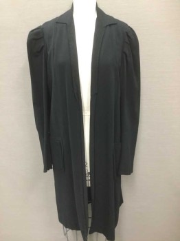 N/L, Black, Silk, Solid, Textured Crepe, Long Sleeves, Collar Attached, Open At Center Front with No Closures, Length Above Knee, 2 Pockets At Hips with Decorative Panels, Puffy Sleeves Pleated At Shoulders, Lightly Padded Shoulders, Vertical Pleat Down Center Back, Black Silk Lining,