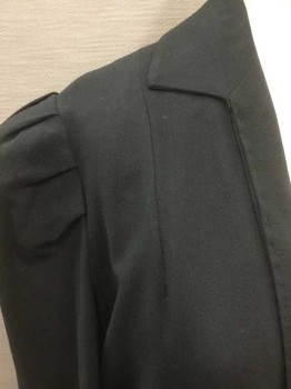 Womens, Jacket 1890s-1910s, N/L, Black, Silk, Solid, W 37, B:34, Textured Crepe, Long Sleeves, Collar Attached, Open At Center Front with No Closures, Length Above Knee, 2 Pockets At Hips with Decorative Panels, Puffy Sleeves Pleated At Shoulders, Lightly Padded Shoulders, Vertical Pleat Down Center Back, Black Silk Lining,