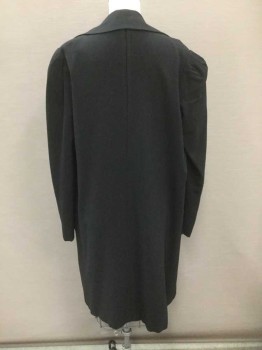 N/L, Black, Silk, Solid, Textured Crepe, Long Sleeves, Collar Attached, Open At Center Front with No Closures, Length Above Knee, 2 Pockets At Hips with Decorative Panels, Puffy Sleeves Pleated At Shoulders, Lightly Padded Shoulders, Vertical Pleat Down Center Back, Black Silk Lining,