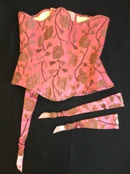 Womens, Corset 1890s-1910s, N/L, Pink, Olive Green, Brown, Peach Orange, Floral, 24-6W, CORSET:  Dark Pink W/shimmer Olive Leaves &  Brown Branches, Cream Lining, Dark Pink & Peach-orange Lacing Back, 3 Garter Belts, See Photo Attached,