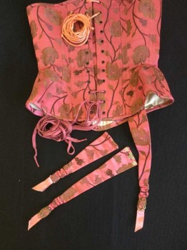 Womens, Corset 1890s-1910s, N/L, Pink, Olive Green, Brown, Peach Orange, Floral, 24-6W, CORSET:  Dark Pink W/shimmer Olive Leaves &  Brown Branches, Cream Lining, Dark Pink & Peach-orange Lacing Back, 3 Garter Belts, See Photo Attached,