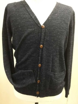 J CREW, Navy Blue, White, Wool, Heathered, V-neck, 5 Buttons, 2 Pockets,