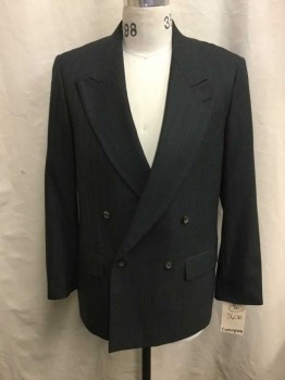 Mens, Blazer/Sport Co, Birmingham, Charcoal Gray, Blue, Polyester, Wool, Stripes - Pin, 36R, Double Breasted, Collar Attached, Notched Lapel, 3 Pockets