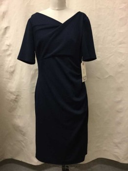 Adrianna Papell, Navy Blue, Polyester, Solid, Self Textured, Zip Back, Short Sleeve, Asymmetric V Neck, Gathered Side