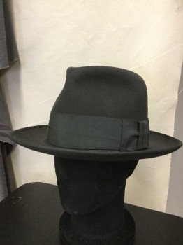 Mens, Fedora, DAVE BROWN, Gray, Wool, Solid, Large, Good Clean Fedora, 2 1/2" Grosgrain Band and Bow. Grosgrain Edge Trim