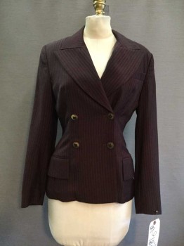 Womens, 1990s Vintage, Suit, Jacket, PLEIN SUD, Brown, Orange, Wool, Stripes - Pin, Stripes - Shadow, B34, 6, W26, DB. Peaked Lapel, 3 Pckts, Logo Buttons