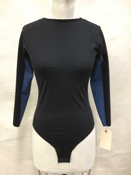 Womens, Sci-Fi/Fantasy Top, NO LABEL, Black, Blue, Spandex, Solid, Small, Black Bodysuit, Blue With Rubble Texture Arm Panels, Long Sleeves, Back Zipper